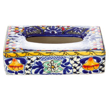 Load image into Gallery viewer, Colorful Ceramic Tissue Box Cover - Cobalt Flowers | NOVICA
