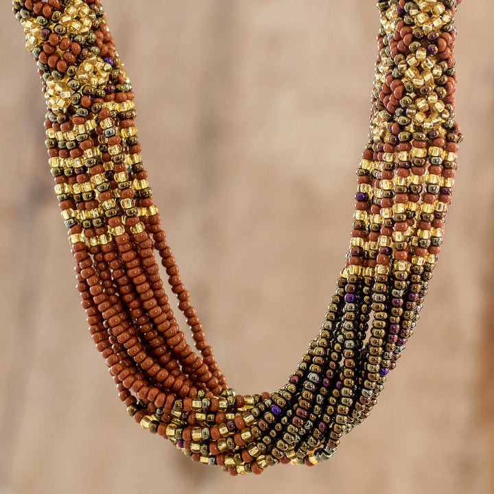 Beaded Long Necklace in Gold and Bronze - Gold and Bronze Harmony | NOVICA