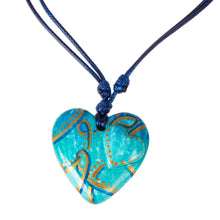 Load image into Gallery viewer, Golden Accent Aqua Papier Mache Heart Necklace - Hearts Together | NOVICA
