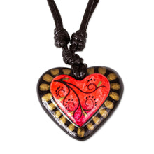 Load image into Gallery viewer, Papier Mache Adjustable Red Heart Golden Trim Necklace - Gold Kissed Heart | NOVICA
