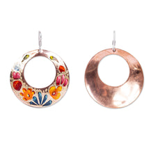 Load image into Gallery viewer, Reclaimed Copper Hand Painted Dangle Earrings from Mexico - Floral Wreath | NOVICA
