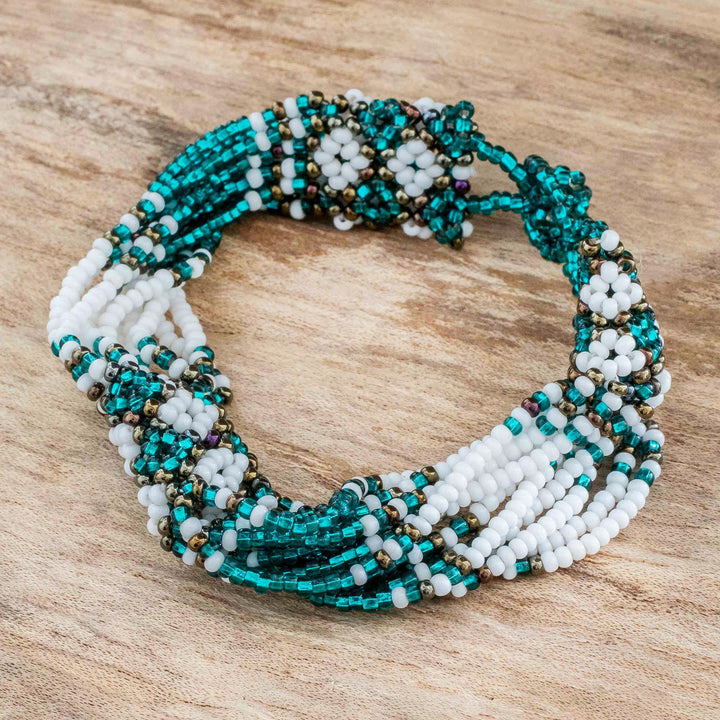 Green and Bronze Beaded Bracelet - Flower Harmony in Emerald | NOVICA