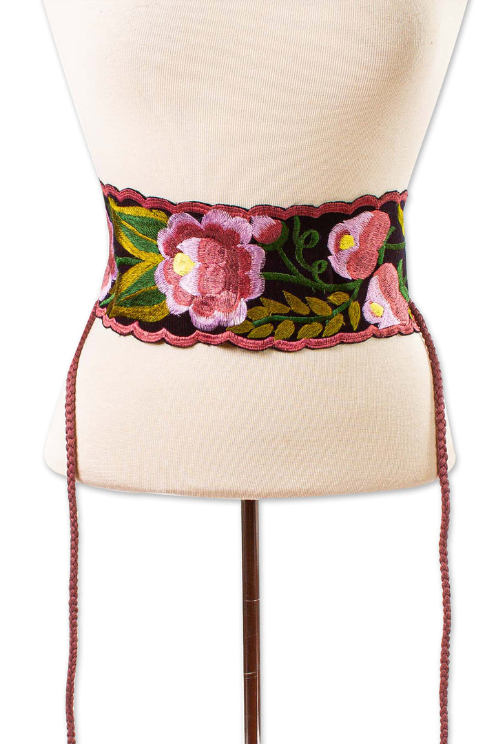 Broad Cotton Hand Woven Wrap Belt with Flowers Chiapas - Flower Wrap | NOVICA