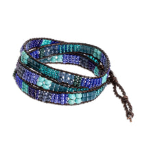 Load image into Gallery viewer, Blue and Sea Green Beaded Bracelet with Leather Trim - Leather-Bound Sea | NOVICA
