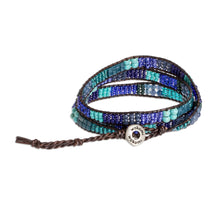 Load image into Gallery viewer, Blue and Sea Green Beaded Bracelet with Leather Trim - Leather-Bound Sea | NOVICA
