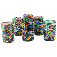 Load image into Gallery viewer, Whirling Multicolored Recycled Glass Tumblers (Set of 6) - Swirling Rainbows | NOVICA
