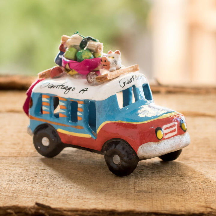 Guatemala 3 Inch Red and Blue Ceramic Bus Figurine - Blue and Red Old Time Bus | NOVICA