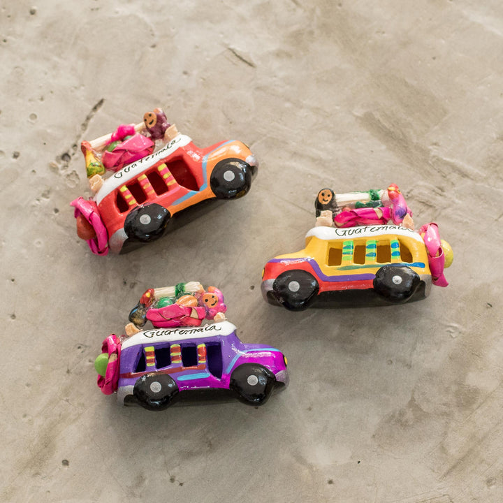 Ceramic Refrigerator Magnets of Guatemalan Buses (Set of 3) - Multicolor Old Time Buses | NOVICA