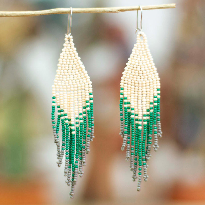 Beige and Green Glass Beaded Waterfall Earrings - Falling Emeralds | NOVICA