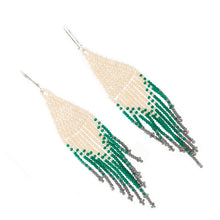 Load image into Gallery viewer, Beige and Green Glass Beaded Waterfall Earrings - Falling Emeralds | NOVICA
