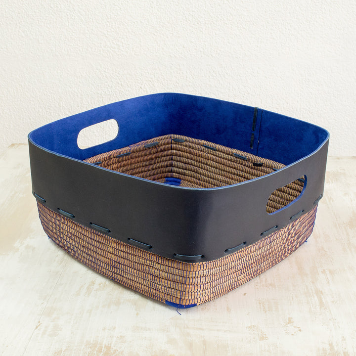 Leather and Pine Needle Decorative Basket from Nicaragua - Bold Blue Beauty | NOVICA