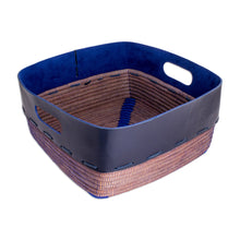 Load image into Gallery viewer, Leather and Pine Needle Decorative Basket from Nicaragua - Bold Blue Beauty | NOVICA
