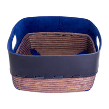 Load image into Gallery viewer, Leather and Pine Needle Decorative Basket from Nicaragua - Bold Blue Beauty | NOVICA
