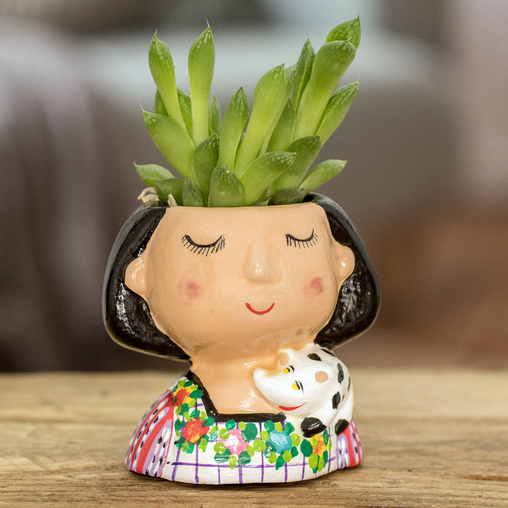 Guatemalan Handpainted Woman-shaped Mini Ceramic Flower Pot - Maria Dreaming | NOVICA