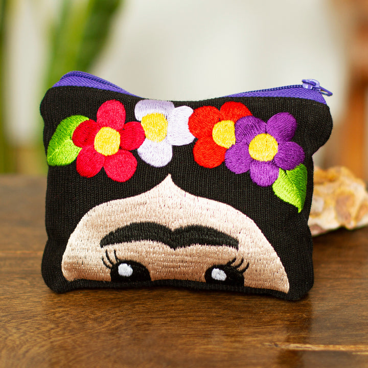 Hand Embroidered Cotton Cosmetic Bag from Mexico - Frida with Flowers | NOVICA