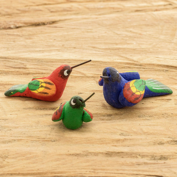 Guatemalan Set of 3 Multicolor Hummingbird Ceramic Figurines - Hummingbird Family | NOVICA