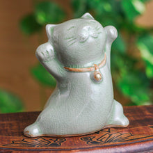 Load image into Gallery viewer, Cat Shaped Celadon Ceramic Figurine Handmade in Thailand - Lucky and Playful | NOVICA
