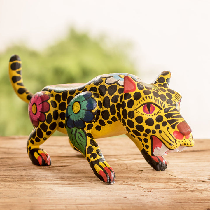 Hand-Painted Floral Wild Cat Wood Figurine from Guatemala - Jarring Jaguar | NOVICA