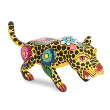 Load image into Gallery viewer, Hand-Painted Floral Wild Cat Wood Figurine from Guatemala - Jarring Jaguar | NOVICA

