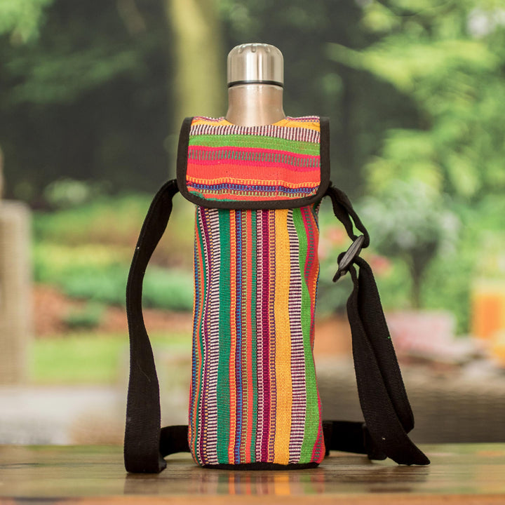 Striped Cotton Bottle Carrier Hand-Woven in Guatemala - Colorful Roots | NOVICA