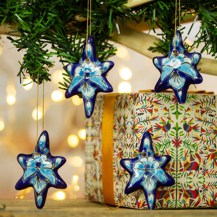 Set of 4 Handcrafted Ceramic Talavera Star Ornaments in Blue - Floral Twilight | NOVICA