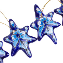 Load image into Gallery viewer, Set of 4 Handcrafted Ceramic Talavera Star Ornaments in Blue - Floral Twilight | NOVICA
