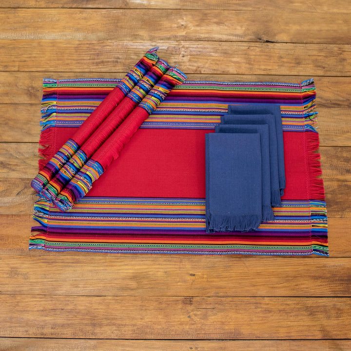 Handwoven Cotton Crimson Placemats with Napkins (Set of 4) - Crimson Custom | NOVICA