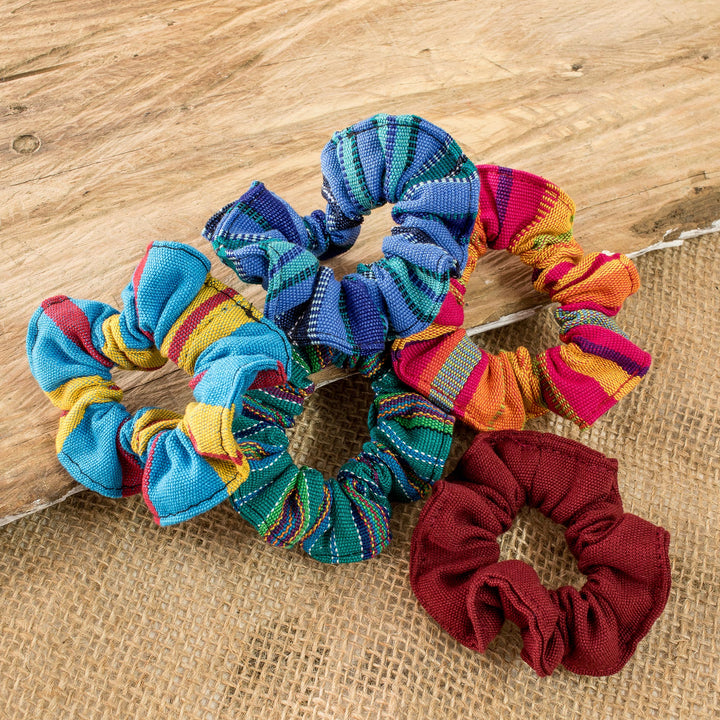 Set of 5 Colorful Cotton Scrunchies from Guatemala - United Femininity | NOVICA