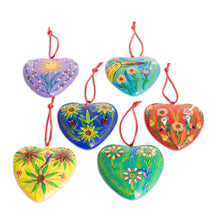Load image into Gallery viewer, Set of 6 Hand-Painted Ceramic Ornaments with Cotton Bag - Hearts of Nature | NOVICA
