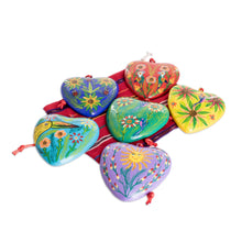 Load image into Gallery viewer, Set of 6 Hand-Painted Ceramic Ornaments with Cotton Bag - Hearts of Nature | NOVICA
