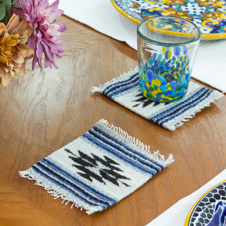 Pair of Coasters Hand-Woven from Wool with Mexican Motifs - Blue Mexico | NOVICA