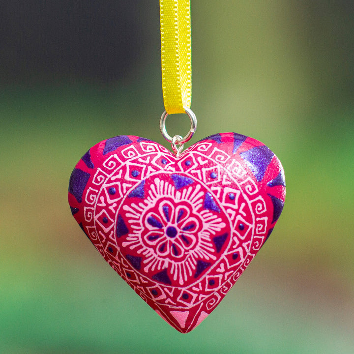 Mexican Hand-Painted Wood Alebrije Heart Christmas Ornament - Fuchsia Alebrije Heart | NOVICA
