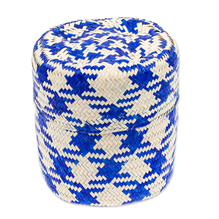 Blue Basket with Lid Hand-Woven from Palm Fiber in Mexico - Rooster in Blue | NOVICA