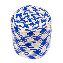 Load image into Gallery viewer, Blue Basket with Lid Hand-Woven from Palm Fiber in Mexico - Rooster in Blue | NOVICA
