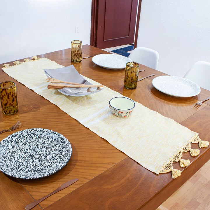 Handloomed Cotton Table Runner in White and Honey Hues - Honey Delight | NOVICA