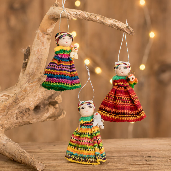 Set of 3 Handcrafted Cotton Worry Doll Ornaments - Animal Friendship | NOVICA