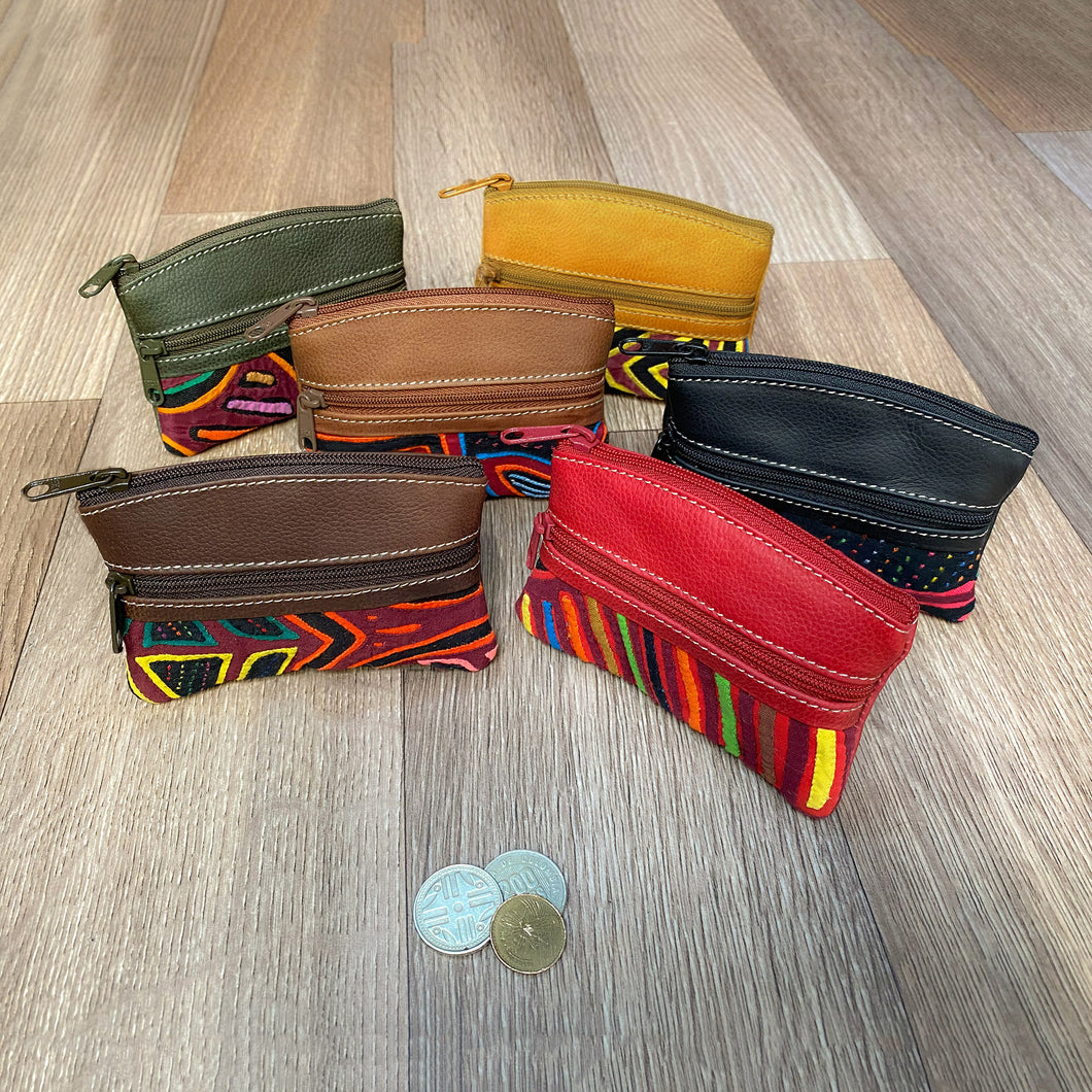 Handcrafted Assorted Mola-Themed Leather Coin Purse - Jungle Wealth | NOVICA