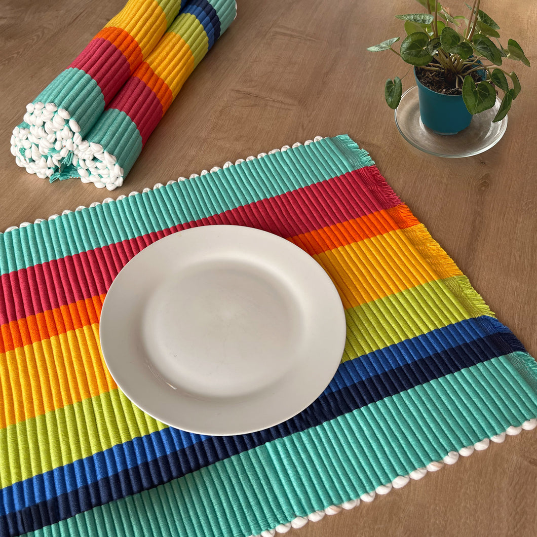 Hand Woven Striped Placemats from Colombia (set of 4)  - Aqua and Rainbow | NOVICA