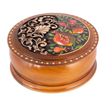 Load image into Gallery viewer, Leafy and Pomegranate-Themed Round Walnut Wood Jewelry Box - Pomegranate Treasure | NOVICA
