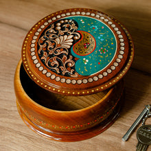 Load image into Gallery viewer, Handcrafted Paisley Round Walnut Wood Jewelry Box in Green - Green Paisley Glory | NOVICA
