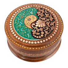 Load image into Gallery viewer, Handcrafted Paisley Round Walnut Wood Jewelry Box in Green - Green Paisley Glory | NOVICA
