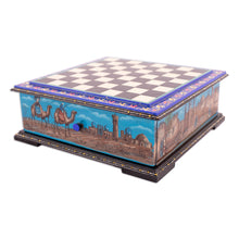 Load image into Gallery viewer, Purple Floral Walnut Wood Chess Set with Desert Scene - Luxurious Days in Bukhara | NOVICA
