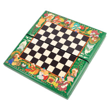 Load image into Gallery viewer, Handcrafted Painted Walnut Wood Chess Set in Green - Green Bukhara Folklore | NOVICA
