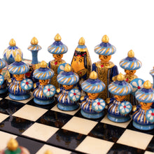 Load image into Gallery viewer, Handcrafted Painted Walnut Wood Chess Set in Green - Green Bukhara Folklore | NOVICA
