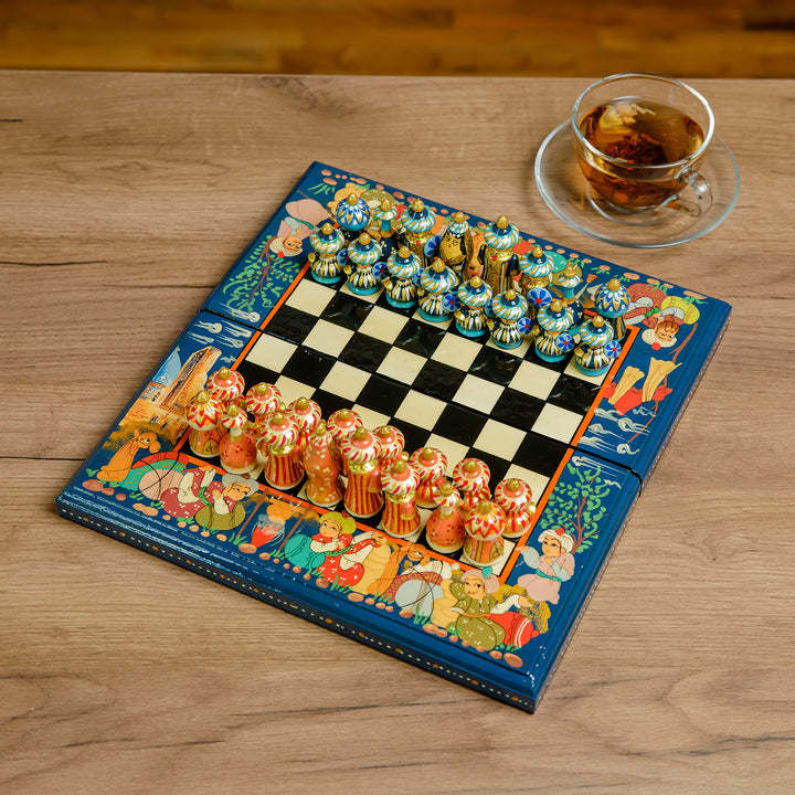 Handcrafted Painted Walnut Wood Chess Set in Blue - Bukhara Strategies | NOVICA