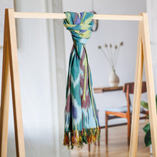 Load image into Gallery viewer, Colorful Fringed Cotton Ikat Scarf Hand-Woven in Uzbekistan - Fergana Forest | NOVICA
