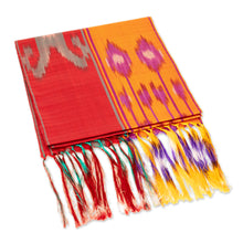 Load image into Gallery viewer, Colorful Fringed Silk Ikat Scarf Hand-Woven in Uzbekistan - Samarkand Sunset | NOVICA
