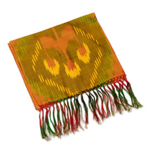 Load image into Gallery viewer, Handmade Fringed Silk Ikat Scarf in Orange Green and Yellow - Ancient Samarkand | NOVICA
