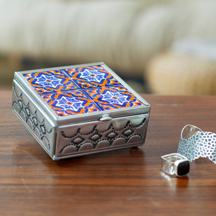 Handcrafted Tin and Ceramic Jewelry Box in Blue and Orange - Twilight Mansion | NOVICA