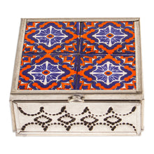 Load image into Gallery viewer, Handcrafted Tin and Ceramic Jewelry Box in Blue and Orange - Twilight Mansion | NOVICA

